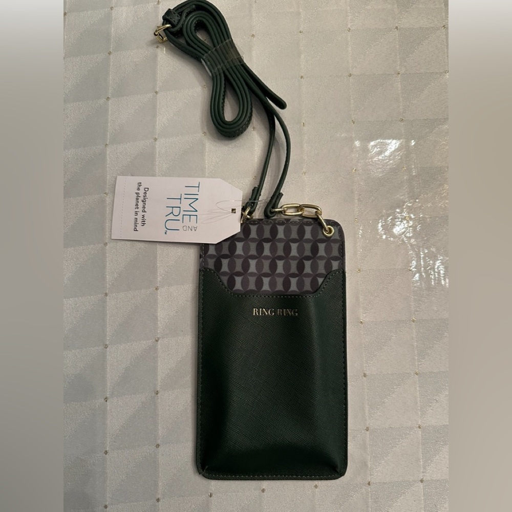 Crossbody card/ small phone holder made of recycled materials by Time and Tru.